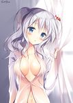  blue_eyes blush breasts cleavage collarbone commentary_request curtain_grab curtains dress_shirt hair_ribbon kantai_collection kashima_(kantai_collection) large_breasts navel no_bra open_clothes open_shirt ribbon see-through shirt sidelocks silver_hair solo sousouman tsurime twintails unbuttoned wavy_hair white_shirt 