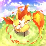  absurd_res ambiguous_gender anthro big_ears braixen cloud fire fur grass hi_res looking_at_viewer nintendo open_mouth pok&eacute;mon red_eyes sky solo standing stick video_games yellow_fur ぷっと 