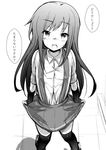  aikura_(twilight_dusk) asashio_(kantai_collection) blush buttons comic eyebrows eyebrows_visible_through_hair fingerless_gloves gloves greyscale kantai_collection long_hair looking_at_viewer monochrome navel open_mouth over-kneehighs school_uniform skirt_hold solo suspenders thighhighs translated 