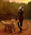  anthro canine clothed clothing dragon duo ear_piercing female feral magenta7 mammal one_eye_closed outside piercing smile standing tongue tongue_out 