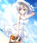  :d anastasia_(idolmaster) beach blue_eyes breasts cleavage cloud cowboy_shot day dress flask food hand_on_headwear hat highres idolmaster idolmaster_cinderella_girls kiki_(koikuchikinako) open_mouth outdoors picnic_basket sandwich short_hair silver_hair sky small_breasts smile solo sun_hat sundress thermos water white_dress 