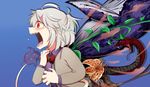  ahoge buna_shimeji_(keymush) commentary_request crying crying_with_eyes_open dress flower half_updo jacket kishin_sagume messy_hair narrowed_eyes open_mouth pain plant red_eyes screaming short_hair silver_hair snake solo tail tears teeth torture touhou vines whale wide-eyed 