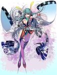  aqua_eyes aqua_hair armpits bare_shoulders breasts cleavage feathers flower full_body highres hips japanese_clothes kimono large_breasts legs long_hair masao mouth_hold original purple_legwear solo thighhighs thighs 