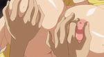  aku_no_onna_kanbu animated animated_gif blonde_hair fondling gigantic_breasts nipples shiny_skin sweat 