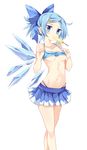  alternate_hairstyle bangs bare_arms bare_legs bare_shoulders bikini bikini_lift blue_bikini blue_bow blue_skirt blush bow breasts cirno collarbone detached_wings eating eyelashes fairy_wings food hair_bow hair_ornament hairclip head_tilt highres ice ice_wings legs_together lifted_by_self looking_at_viewer maturiuta_sorato miniskirt mouth_hold navel pleated_skirt ponytail popsicle revealing_clothes short_ponytail simple_background skirt small_breasts solo standing stomach strap_gap swept_bangs swimsuit thong touhou underboob white_background wings 