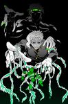  dio_brando dododo_dadada earrings foreshortening gakuran green_nails headband hierophant_green highres jewelry jojo_no_kimyou_na_bouken kakyouin_noriaki male_focus monochrome multiple_boys muscle nail_polish puppet purple_eyes red_eyes school_uniform shirtless spot_color stand_(jojo) sweat tentacles 