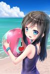  asashio_(kantai_collection) ball beach beachball black_hair blue_eyes blue_sky blush bracelet cloud commentary_request day from_behind gotou_hisashi highres jewelry kantai_collection long_hair looking_at_viewer looking_back ocean one-piece_swimsuit open_mouth outdoors sand school_swimsuit sky smile solo swimsuit upper_body water 