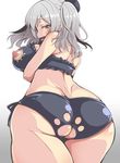  alternate_costume ass ass_cutout bare_shoulders beret blue_eyes blush breast_hold breasts butt_crack cat_cutout cat_lingerie cleavage_cutout commentary_request cowboy_shot foreshortening from_below hat kantai_collection kashima_(kantai_collection) large_breasts looking_at_viewer meme_attire nipples oohira_sunset panties short_hair side-tie_panties silver_hair solo underwear wavy_hair 