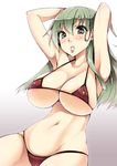  alternate_costume armpits arms_behind_head arms_up bikini blush breasts brown_bikini cleavage collarbone commentary_request covered_nipples cowboy_shot green_eyes green_hair groin kantai_collection large_breasts long_hair looking_at_viewer micro_bikini navel oohira_sunset skindentation solo suzuya_(kantai_collection) swimsuit 