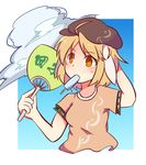  ahoge animal_ears blonde_hair blush buna_shimeji_(keymush) bunny_ears cabbie_hat cloud fan floppy_ears food hand_behind_head hat outside_border paper_fan popsicle ringo_(touhou) shirt short_hair sky solo sweat touhou uchiwa upper_body 