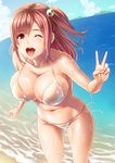  ;d beach bikini blue_sky breasts brown_eyes brown_hair cloud collarbone cowboy_shot day dead_or_alive dead_or_alive_5 groin hair_ornament highres honoka_(doa) large_breasts leaning_forward long_hair looking_at_viewer mountain navel one_eye_closed one_side_up open_mouth outdoors rokko side-tie_bikini sideboob sky smile solo swimsuit thighs tongue v wet wet_clothes wet_swimsuit white_bikini wide_hips 