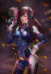  animal_print armor bangs bodysuit bracer breasts brown_eyes brown_hair bunny_print charm_(object) contrapposto covered_navel cowboy_shot d.va_(overwatch) dong_cheng_shilang facepaint facial_mark gloves gun hand_on_hip hand_up handgun headphones high_collar holding holding_gun holding_weapon legs_apart lips lipstick long_hair looking_at_viewer makeup medium_breasts one_eye_closed overwatch parted_lips pauldrons pilot_suit pink_lips pinky_out ribbed_bodysuit shoulder_pads smile solo standing thigh_strap turtleneck weapon whisker_markings white_gloves 