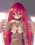  1girl blush buttons collar collarbone earrings embarrassed hair_between_eyes heart heart_earrings jewelry long_hair long_sleeves looking_at_viewer midriff nose_blush ohlia open_mouth red_eyes red_hair sailor_collar school_uniform shakugan_no_shana shana solo_focus standing teeth very_long_hair 