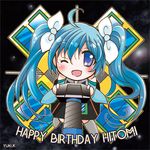  1girl ahoge blue_eyes blue_hair blush camera chibi female hair_ornament happy_birthday hitomi_(spacecraft) kiriga_yuki long_hair looking_at_viewer personification ribbon satellite shiny shiny_hair shiny_skin smile solar_panel solo space space_craft wink 