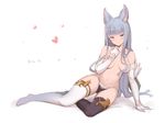  animal_ears arm_support black_legwear covering covering_breasts elbow_gloves erune full_body gloves granblue_fantasy hanarito heart heart_print highres korwa long_hair looking_at_viewer mismatched_legwear navel no_shoes panties shadow silver_hair sitting smile solo thighhighs topless underwear very_long_hair white_gloves white_legwear 