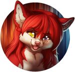  anthro canine fangs female hair looking_at_viewer magenta7 mammal open_mouth red_hair simple_background smile solo teeth tongue 