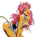  animal_ears animal_print breasts cat_ears cat_tail cleavage dark_skin dragon_pink green_eyes large_breasts long_hair official_art open_mouth pink_(dragon_pink) pink_hair simple_background solo tail tiger_print white_background 