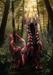  bush carapace centipede enigmasystem forest gen_5_pokemon giant_insect glaring grass hiding horns insect leaf light light_rays looking_at_viewer monster nature no_humans pokemon pokemon_(creature) scolipede signature spiked_tail spikes tail tree venipede yellow_eyes 