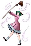  broom floppy_ears full_body green_eyes green_hair highres kasodani_kyouko moonywitcher short_hair simple_background solo spirit spirits touhou 