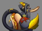  2016 alternate_color big_butt black_eyes black_fur black_hair butt fan_character food fur grey_background hair hot_dog ketchup kuroodod kuroodod_(fursona) licking long_hair looking_at_viewer looking_back male mammal messy mustard nintendo nude open_mouth pok&eacute;mon raichu raised_tail rear_view red_sclera rodent simple_background smile solo stripes tail_tuft tongue tongue_out tuft video_games yellow_fur 