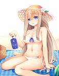  absurdres arm_support bangs barefoot bikini blue_eyes braid breasts brown_hair flower front-tie_top hat hat_flower highres jyt lexington_(zhan_jian_shao_nyu) long_hair looking_at_viewer lotion lotion_bottle medium_breasts navel open_mouth parted_lips sitting solo sun_hat sunscreen swimsuit underboob very_long_hair wariza white_bikini zhan_jian_shao_nyu 
