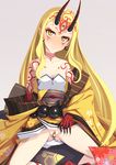  ass bandaid bandaid_on_pussy bare_shoulders beige_background blonde_hair blush breasts cleavage earrings eyeliner facial_mark fate/grand_order fate_(series) horns ibaraki_douji_(fate/grand_order) japanese_clothes jewelry kimono long_hair looking_at_viewer makeup nu_(plastic_eraser) off_shoulder oni pointy_ears simple_background sitting slit_pupils small_breasts smile solo spread_legs tattoo tears yellow_eyes yellow_kimono 