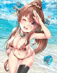 ;d absurdres ass ass_visible_through_thighs ball bare_shoulders beach beachball bikini black_legwear blue_sky breasts brown_hair cherry_blossoms cloud cloudy_sky collar day flower hair_flower hair_ornament headgear heart highres kantai_collection kntrs_(knyrs) large_breasts leaning_forward long_hair looking_at_viewer navel one_eye_closed open_mouth outdoors ponytail round_teeth sakuramon salute single_thighhigh sky smile solo stomach swimsuit teeth thigh_gap thighhighs thighs very_long_hair water yamato_(kantai_collection) 