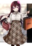  1girl absurdres alternate_costume bag blush brown_legwear brown_skirt buttons crescent crescent_pin eyebrows_visible_through_hair feet_out_of_frame hair_between_eyes hair_ornament handbag highres holding holding_bag kantai_collection kisaragi_(kancolle) long_hair long_sleeves looking_at_viewer open_mouth pantyhose pleated_skirt purple_eyes purple_hair resized shirt shopping_bag skirt solo upscaled white_shirt yunamaro 
