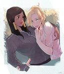  arm_around_shoulder black_hair blonde_hair casual dark_skin hebi_utage looking_at_viewer mercy_(overwatch) multiple_girls overwatch pharah_(overwatch) yuri 