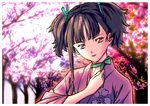  absurdres aqua_ribbon black_hair brown_eyes green_ribbon hair_ribbon highres japanese_clothes kimono koutetsujou_no_kabaneri mumei_(kabaneri) nearnear outdoors pink_kimono ribbon short_hair short_twintails solo tree twintails upper_body yukata 