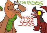  2015 2016 aliasing angry anthro duo frill horn kobold male nude open_mouth scalie simple_background teeth text tongue trout_(artist) 