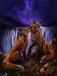  amber_eyes canine cosmic_view duo eyes_closed female feral flashw fox fur male mammal night orange_fur paws sitting sky smile star tagme water waterfall 