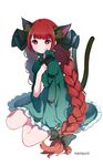  animal_ears artist_name braid cat_ears cat_tail commentary_request dress full_body green_dress hair_ribbon highres kaenbyou_rin long_hair long_sleeves looking_at_viewer multiple_tails namauni puffy_sleeves red_eyes red_hair ribbon simple_background sitting solo tail touhou tress_ribbon twin_braids very_long_hair white_background wide_sleeves 