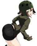  ass black_eyes black_footwear black_gloves black_shorts boots brown_hair brown_jacket cowboy_shot from_side girls_und_panzer gloves hanzawa821 helmet helmet-chan_(girls_und_panzer) highres jacket long_sleeves looking_back military military_uniform open_mouth saunders_military_uniform short_hair short_shorts shorts solo standing transparent_background uniform 
