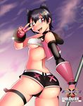  1girl animal_ears ass bare_shoulders black_hair blush breasts cat_ears fingerless_gloves from_behind gloves god_eater god_eater_2:_rage_burst hair_ornament hairclip highres kouzuki_nana looking_at_viewer looking_back pink_eyes shiny shiny_hair shiny_skin short_hair short_shorts shorts smile solo strapless thighhighs tubetop underboob v vest weapon 