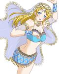  :d alternate_costume arabian_clothes arm_warmers armlet arms_up ass ayase_eli blonde_hair blue_eyes blue_skirt breasts butt_crack circlet cleavage cowboy_shot earrings from_behind gem hair_down jewelry large_breasts long_hair looking_at_viewer love_live! love_live!_school_idol_festival love_live!_school_idol_project midriff open_mouth poruporu see-through simple_background skirt smile solo veil white_background 