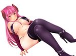  bikini boots breasts crossed_legs demon_girl dutch_angle horns invisible_chair kozue_akari large_breasts long_hair original pink_hair red_eyes sitting skindentation solo succubus swimsuit thigh_boots thighhighs 
