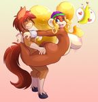  &lt;3 anthro ape banana big_breasts blonde_hair breasts brown_fur brown_hair brown_tail donkey_kong_(series) equine female food from_behind_position fruit fur fyxefox hair hands_on_legs horse male male/female mammal nintendo nipples nude open_mouth penis pigtails primate rawlee sex smile stand_and_carry_position standing tiny_kong tongue tongue_out video_games 
