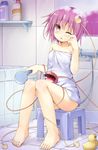  akirame bare_arms bare_legs barefoot bath bathroom bathtub breasts bubble eyes_visible_through_hair full_body highres komeiji_satori looking_at_viewer mirror naked_towel one_eye_closed open_mouth pink_eyes pink_hair rubber_duck sitting small_breasts soap soap_bubbles solo thighs tile_floor tile_wall tiles touhou towel wet 