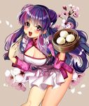  :d apron bad_id bad_pixiv_id bamboo_steamer bangs baozi beige_background bell blush bow breasts china_dress chinese_clothes chopsticks cleavage double_bun dress eyebrows eyebrows_visible_through_hair eyelashes floral_background floral_print flower food gambe hair_bell hair_ornament highres holding jingle_bell large_breasts leaning_forward long_hair long_sleeves maid_apron microdress nail_polish open_mouth petals pink_dress pink_flower print_dress purple_eyes purple_hair purple_nails ranma_1/2 red_bow shampoo_(ranma_1/2) sidelocks simple_background smile solo very_long_hair white_apron 