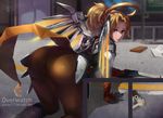  absurdres all_fours ass blonde_hair blue_eyes bodysuit ctrlz77 from_behind high_ponytail highres lips long_hair looking_at_viewer mechanical_halo mechanical_wings mercy_(overwatch) outdoors overwatch pantyhose ponytail solo wings yellow_wings 
