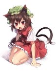  animal_ears blush brown_hair cat_ears cat_tail chen dress fang full_body hat jewelry kneeling looking_at_viewer mob_cap multiple_tails open_mouth red_eyes short_hair short_sleeves simple_background single_earring solo tail touhou white_background zeikomi 