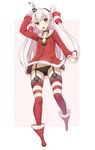  adapted_costume amatsukaze_(kantai_collection) arm_up ascot ass_visible_through_thighs bangs bell black_panties blush boots collarbone dress eyebrows eyebrows_visible_through_hair full_body garter_straps gift goekawa hair_tubes holding holding_gift kantai_collection long_hair long_sleeves looking_at_viewer multicolored multicolored_background open_mouth orange_eyes panties red_footwear sailor_dress santa_costume side-tie_panties smoke smokestack solo standing striped striped_legwear thighhighs two-tone_background two_side_up underwear upskirt white_hair 
