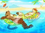 anthro beach canine clothed clothing day detailed_background duo eyes_closed floating fox fur green_fur hair inner_tube lying male mammal mustelid orange_hair otter outside palm_tree pawpads paws relaxing seaside sky smile stripes swimming_trunks swimsuit tree water zummeng 