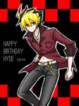  1boy ahoge belt black_hair blonde_hair buttons casual checkered_background flannel hand_on_hip happy_birthday hyde_(under_night_in-birth) midriff multicolored_hair navel necklace pocket popped_collar red_eyes red_shirt rolled_sleeves two-tone_hair unbuttoned under_night_in-birth wallet_chain white_belt 