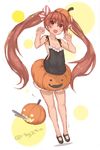 armpits bangs bare_arms bare_legs bare_shoulders black_footwear black_ribbon blush bow brown_eyes brown_hair eyebrows eyebrows_visible_through_hair flat_chest full_body goekawa hair_bow halloween halloween_costume jack-o'-lantern kantai_collection libeccio_(kantai_collection) long_hair looking_at_viewer mary_janes multicolored multicolored_background open_mouth paw_pose pumpkin_hat pumpkin_pants ribbon shoes sidelocks sleeveless solo standing twintails twitter_username two-tone_background very_long_hair 