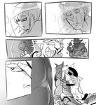  1girl bad_reflection coat comic cosplay error eyebrows glasses greyscale half-closed_eyes ice imminent_kiss junkrat_(overwatch) laughing mei_(overwatch) mei_(overwatch)_(cosplay) monochrome mundal overwatch reflection silent_comic sitting snowball thick_eyebrows tongue tongue_out topless winter_clothes winter_coat 