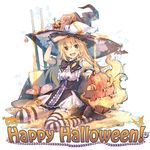  arm_rest armband blonde_hair bow bowtie braid brown_eyes candy curiosities_of_lotus_asia dress eho_(icbm) eyebrows eyebrows_visible_through_hair food frills full_body halloween hat honey kirisame_marisa leaning_back liquid long_hair looking_at_viewer mary_janes open_mouth pumpkin salute shoes single_braid sitting sleeveless solo striped striped_legwear text_focus thighhighs touhou underbust wariza white_background witch_hat wrist_cuffs yellow_eyes zettai_ryouiki 