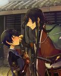  black_hair blush braid closed_eyes earrings furutachirikonbu grin horikawa_kunihiro izumi-no-kami_kanesada japanese_clothes jewelry katana male_focus multiple_boys nose_pinch petals side_braid smile stud_earrings sword touken_ranbu wakizashi wavy_mouth weapon 