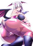  animal_print ass bare_shoulders bat bat_print bat_wings blush breasts bridal_gauntlets cleavage commentary_request cosplay covered_nipples demon_girl hairband hamon_ai head_wings heart_cutout idolmaster idolmaster_(classic) large_breasts leotard long_hair looking_at_viewer morrigan_aensland morrigan_aensland_(cosplay) naughty_face pantyhose print_legwear purple_eyes purple_legwear purple_wings shijou_takane silver_hair smile solo succubus vampire_(game) wings 
